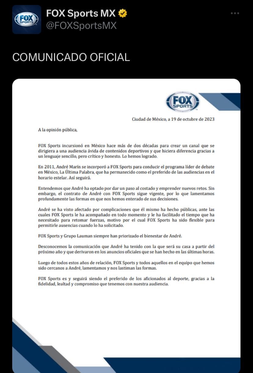 Fox Sports modificó su comunicado tras lanzarse con furia en contra de André Marín.