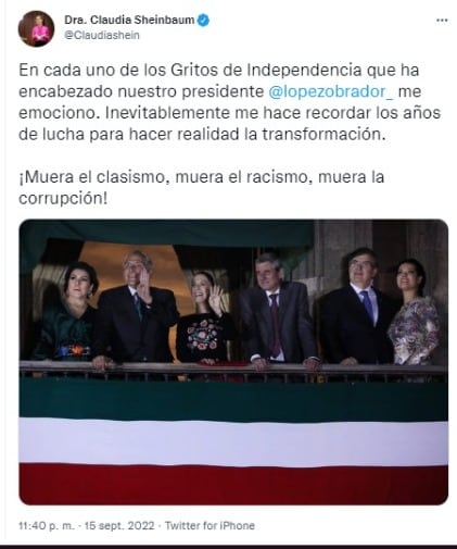 ¡Muera la corrupción, muera el clasismo, muera el racismo! dice AMLO en Grito de Independencia del 15 de septiembre