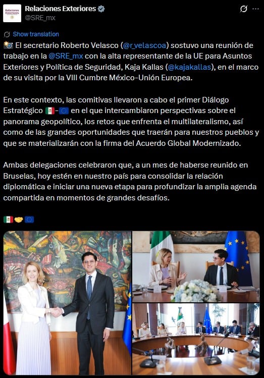 Roberto Velasco recibe a Kaja Kallas en histórica reunión México-Unión Europea