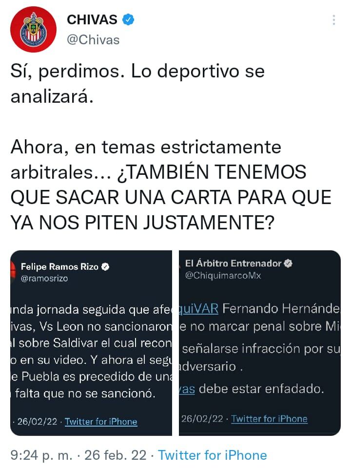Tweet de Chivas sobre las decisiones arbitrales que lo han perjudicado en las últimas semanas.