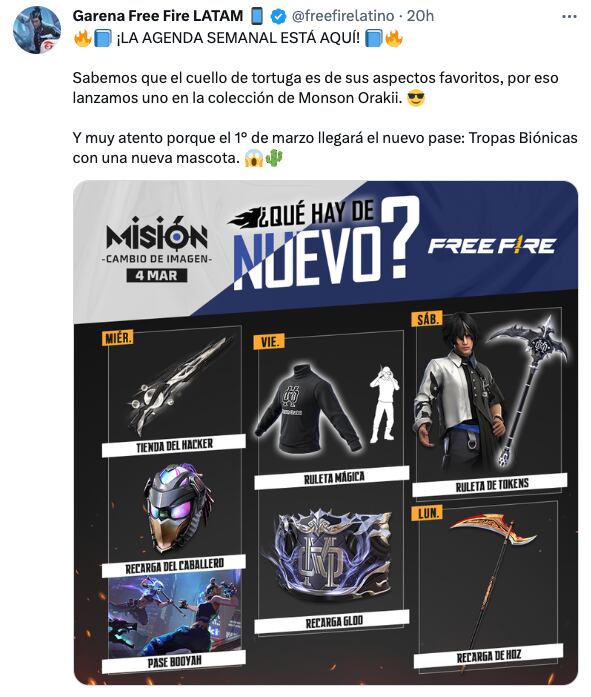 Free Fire revela su agenda semanal del 1 al 6 de marzo del 2023