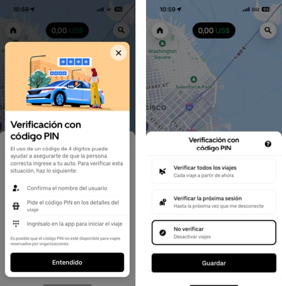 Verificación de Uber con código PIN