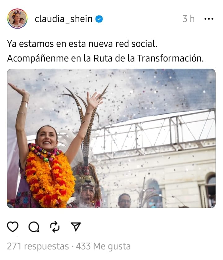 Primera publicación de Claudia Sheinbaum en Threads de Instagram