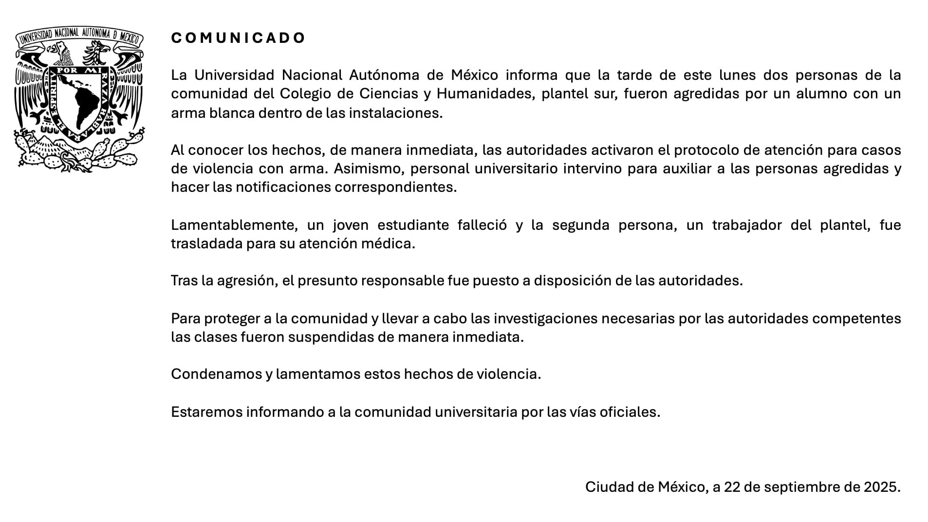 UNAM sobre agresión en CCH Sur