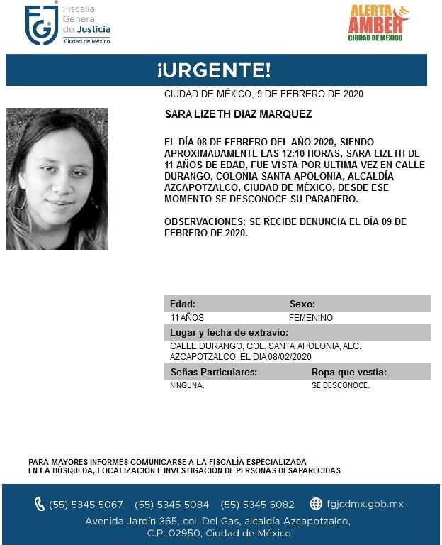 Sara Lizeth Díaz Márquez. Alerta Amber