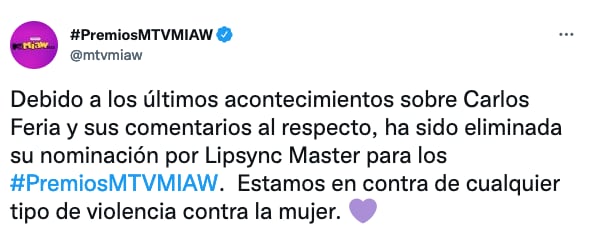 Carlos Feria queda eliminado de los Premios MTV 2022