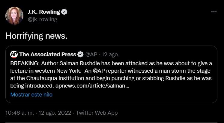 En Twitter, J.K. Rowling se expresó por ataque a Salman Rushdie