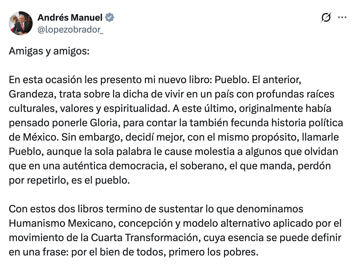 AMLO cambia el nombre de su nuevo libro a “Pueblo”
