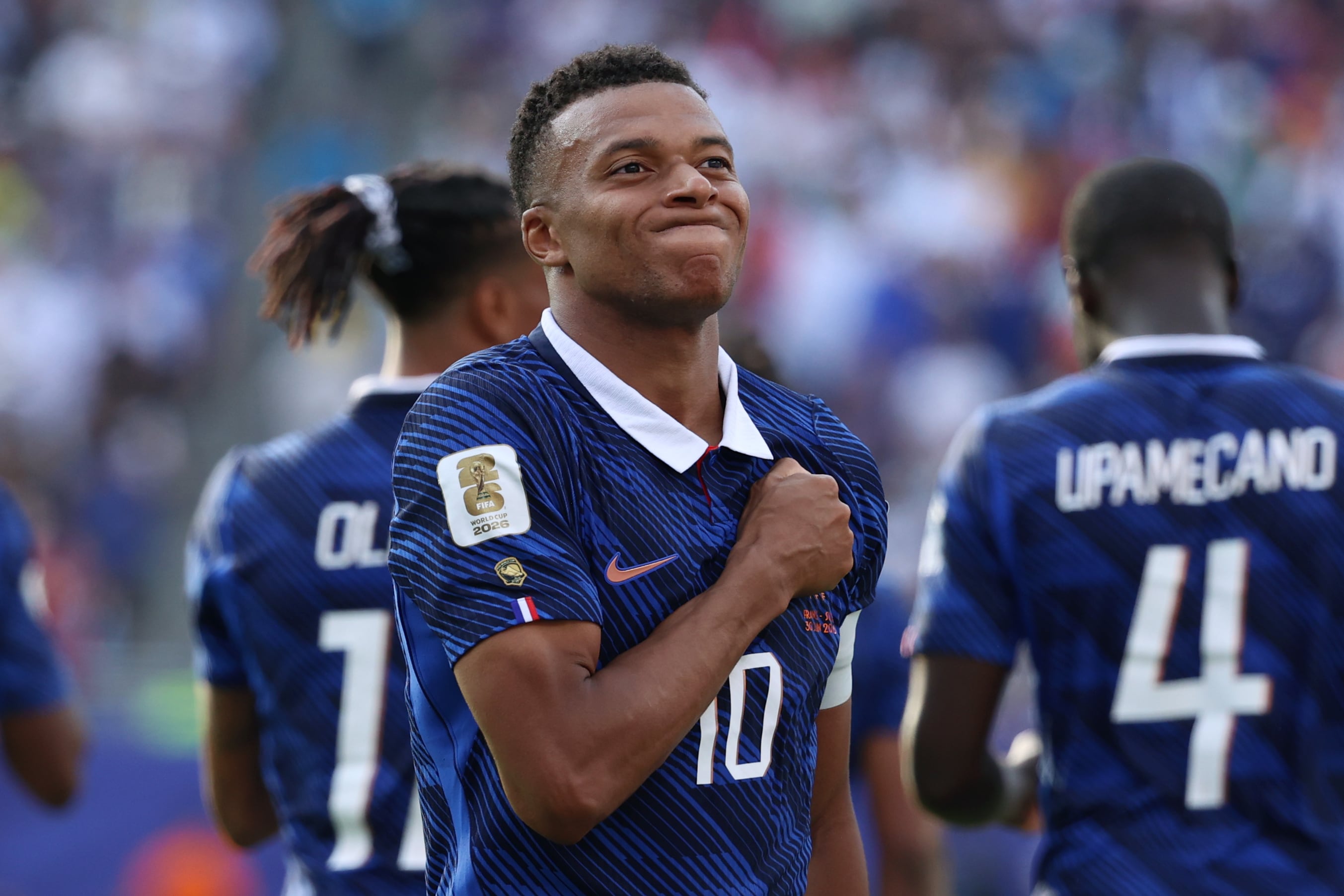 France's Kylian Mbappe (10) celebrates scoring their third goal during the World Cup round of 32 soccer match between France and Sweden in East Rutherford, N.J., near New York, Tuesday, June 30, 2026. (AP Photo/Pamela Smith)