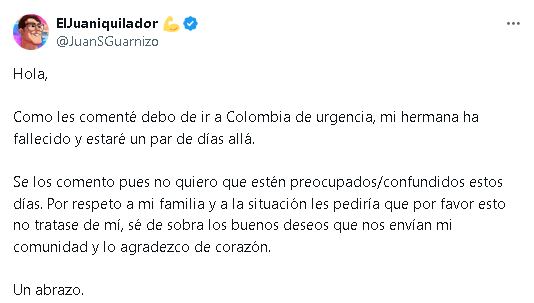 Juan Guarnizo comparte la muerte de su hermana.