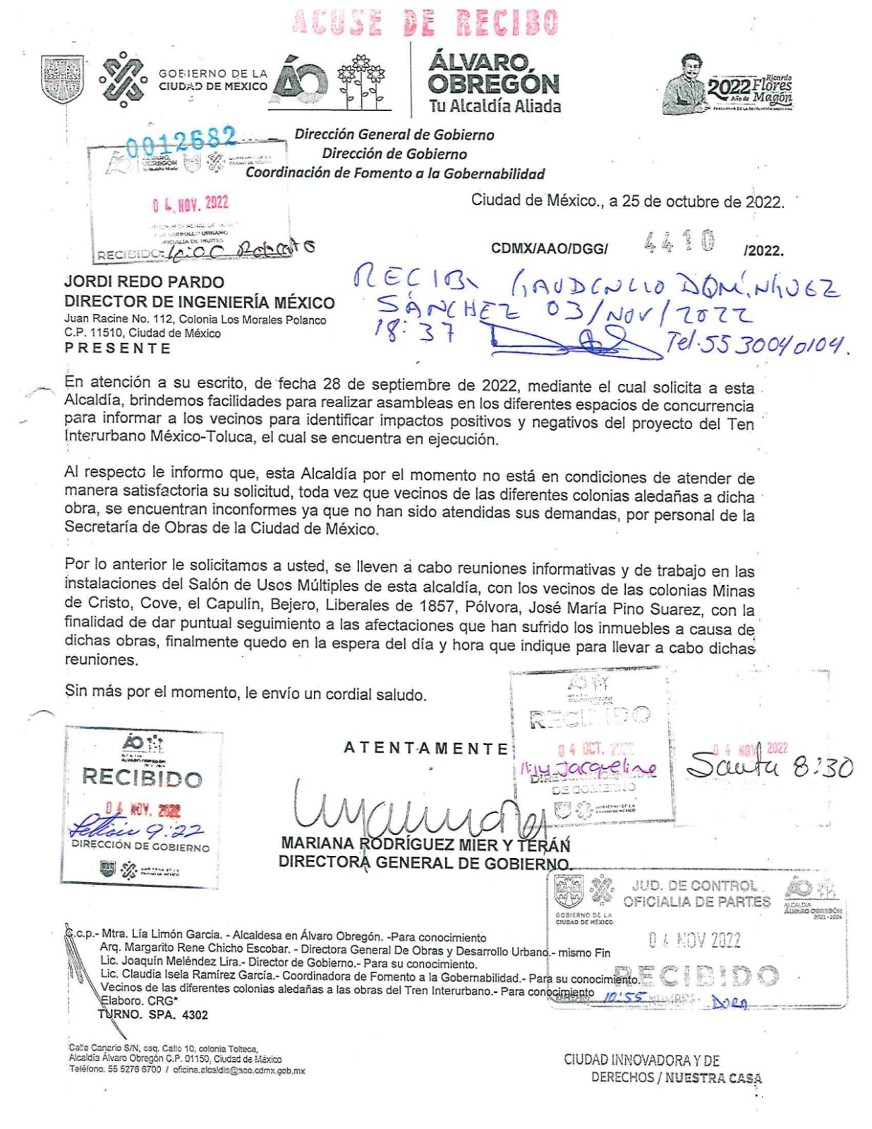 Oficios enviados por Lía Limón a la Secretaria de Obras y Servicios