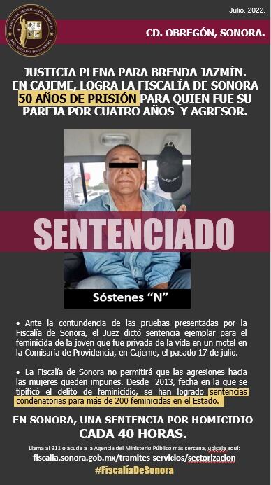 Fiscalía de Sonora logra sentencia de Sóstenes feminicida de Brenda Jazmín en Sonora/Fiscalía de Sonora