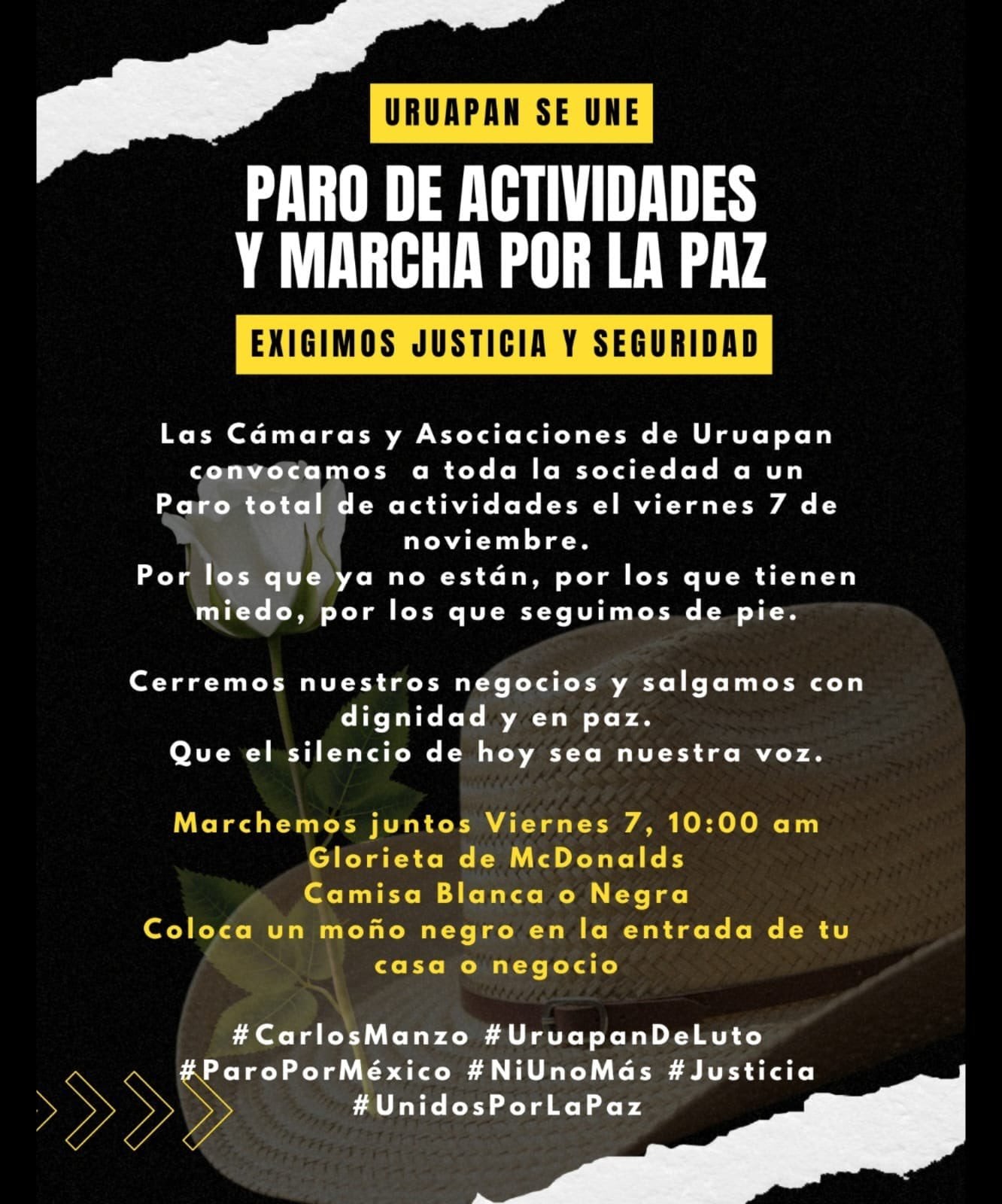 Convocan a paro en Uruapan tras asesinato de Carlos Manzo.