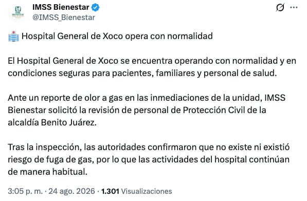 IMSS confirma que Hospital Xoco opera con normalidad