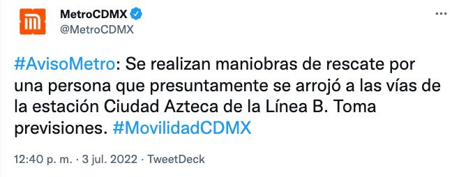 Metro reporta muerte de hombre en Ciudad Azteca