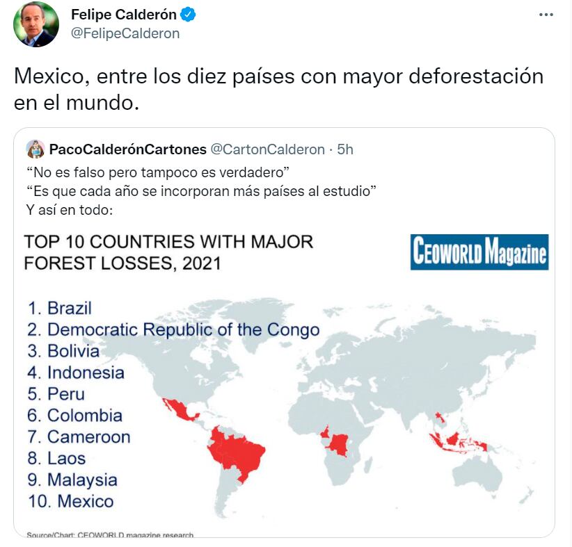 Tuit de Felipe Calderón sobre la deforestación/Twitter @FelipeCalderon
