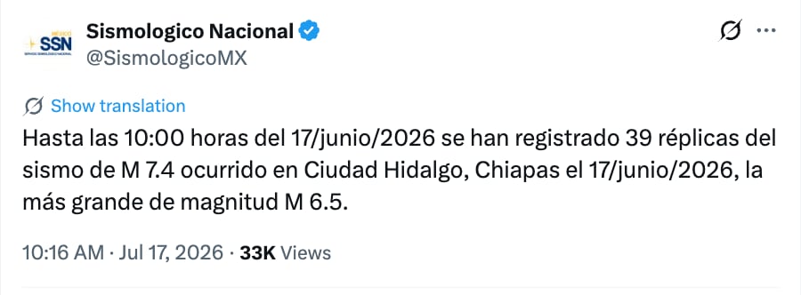 39 replicas se han registrado tras el sismo magnitud 7.4 en Chiapas, informa SSN