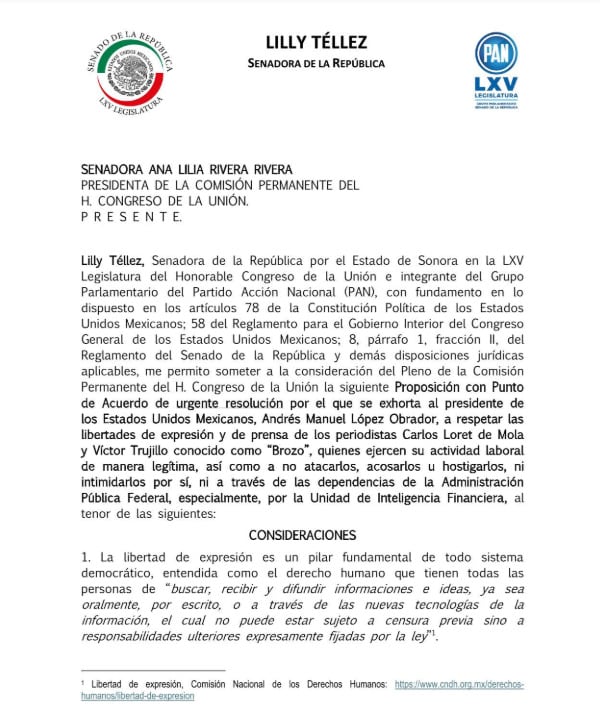 Lilly Téllez pide a Congreso exhortar a AMLO a respetar libertad de expresión de Carlos Loret de Mola