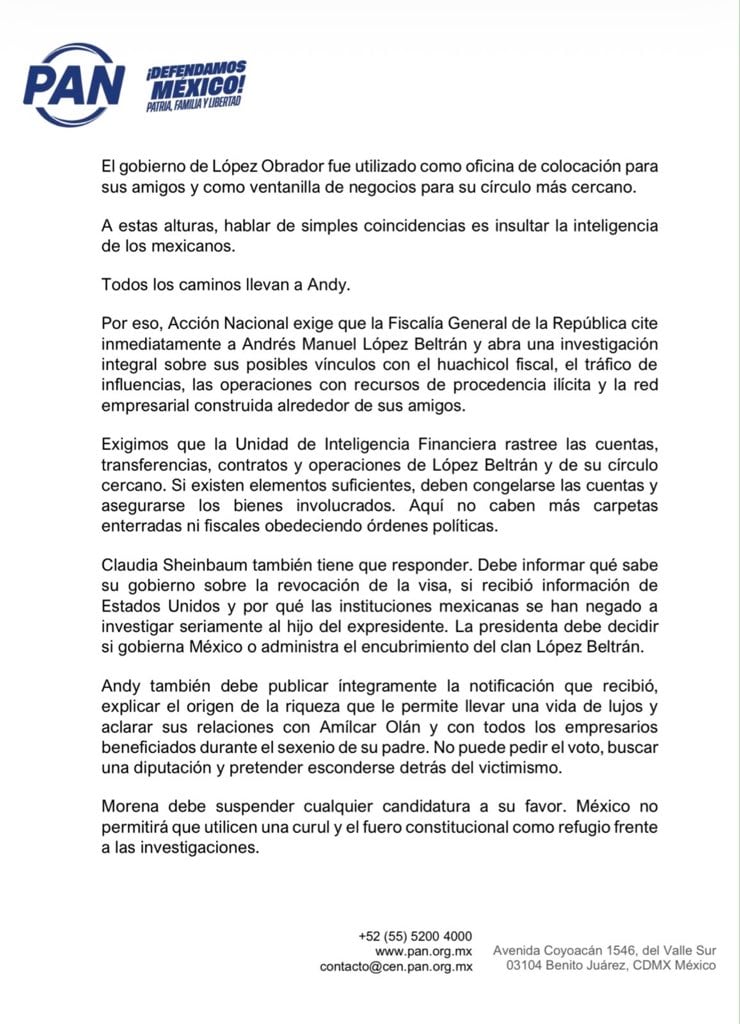 PAN exige investigación contra Andrés Manuel López Beltrán
