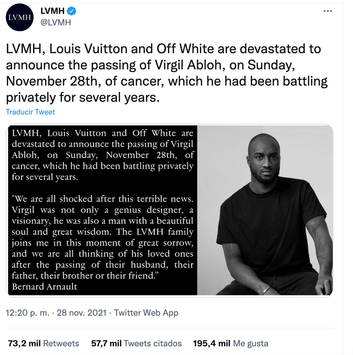 Comunicado de la muerte de Virgil Abloh, diseñador Louis Vuitton