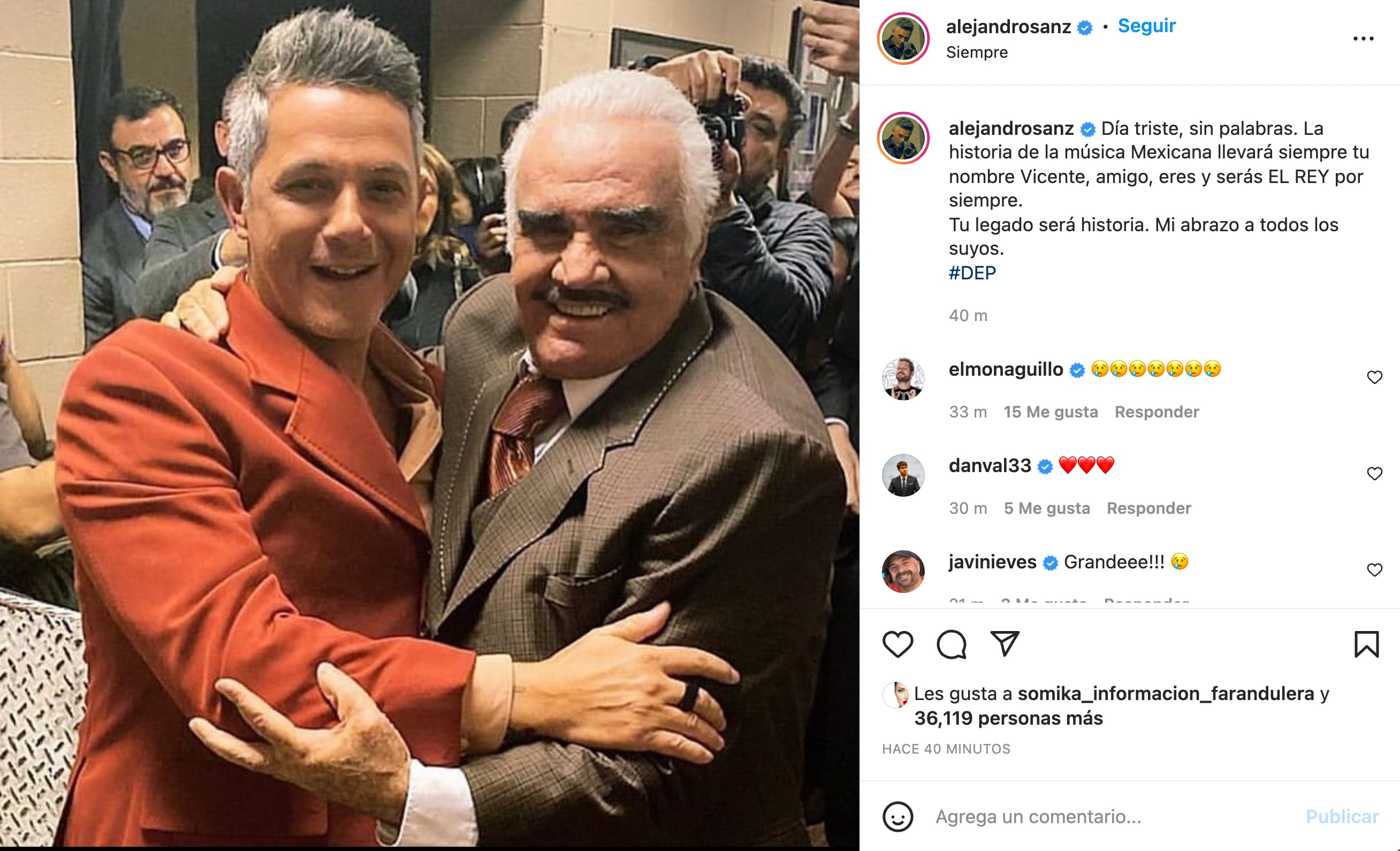 Alejandro Sanz lamenta la muerte de Vicente Fernández