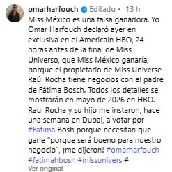 Omar Harfoch asegura que Fátima Bosch ganó Miss Universo 2025 por negocios de su papá.