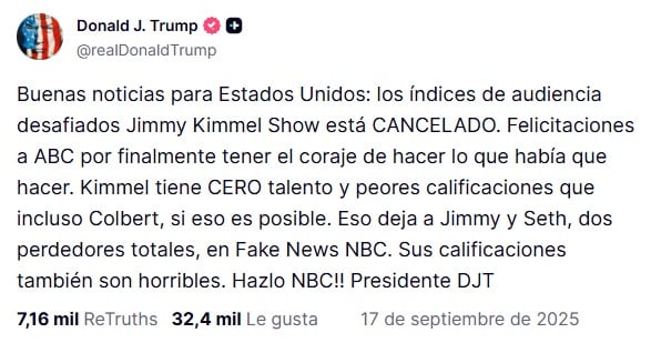 Trump se burla y celebra la cancelación del programa de Jimmy Kimmel