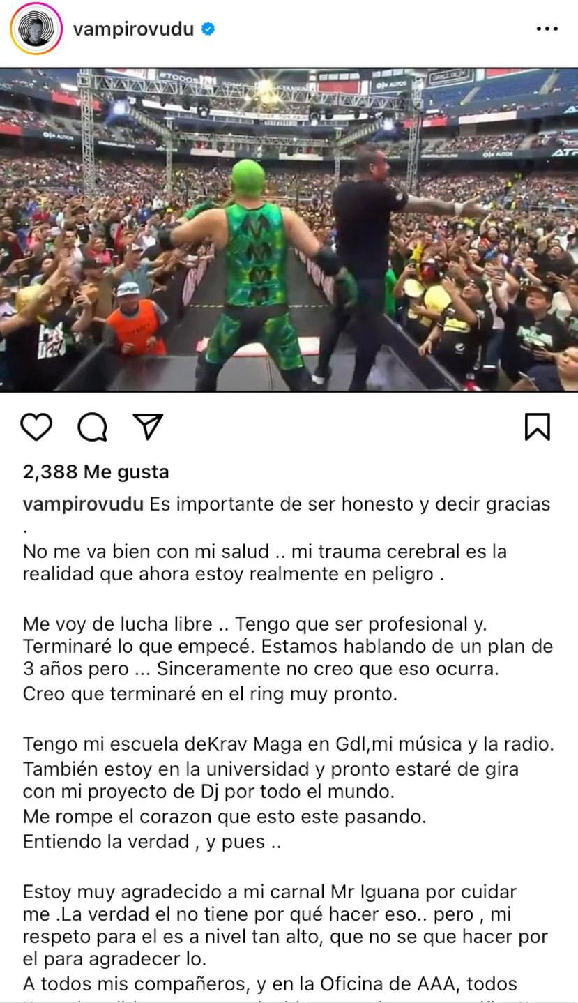 Así se despidió Vampiro Canadiense en redes sociales.