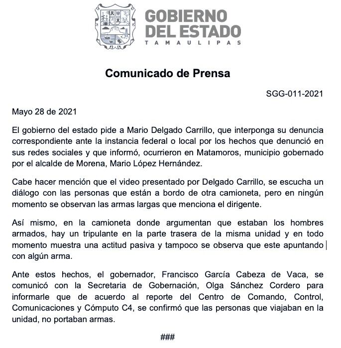Comunicado del gobierno de Tamaulipas.
