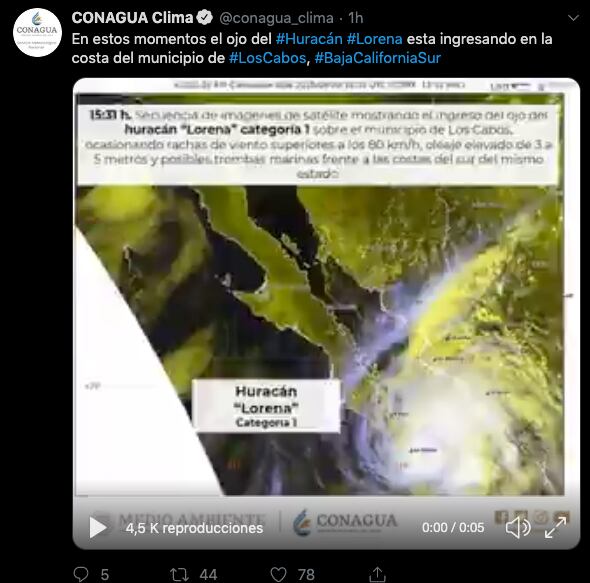 La dependencia informó sobre el ingreso del huracán.