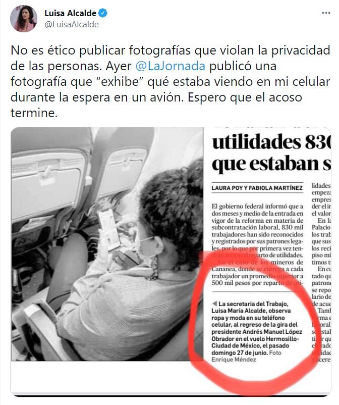 Publicación de Luisa Alcalde en Twitter