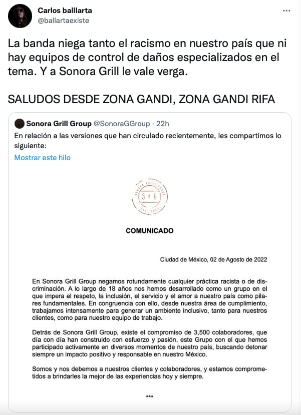 Carlos Ballarta crítica la respuesta de Sonora Grill por discriminación/@ballartaexiste