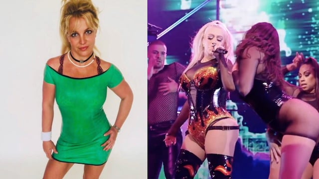 Britney Spears y Christina Aguilera con sus bailarines.