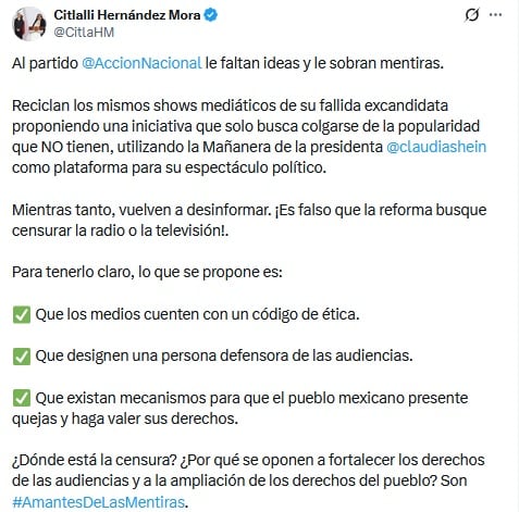 Citlalli Hernández acusa que Jorge Romero miente sobre los derechos de las audiencias.