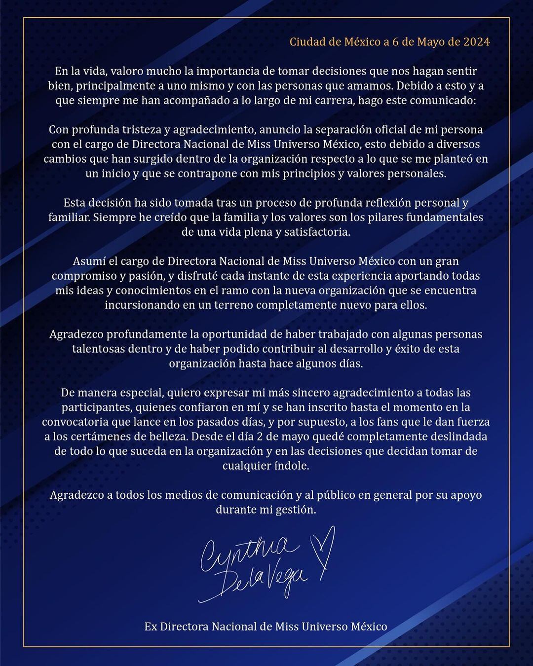 Cynthia de la Vega y el comunicado que lanzó tras su salida de Miss Universo México