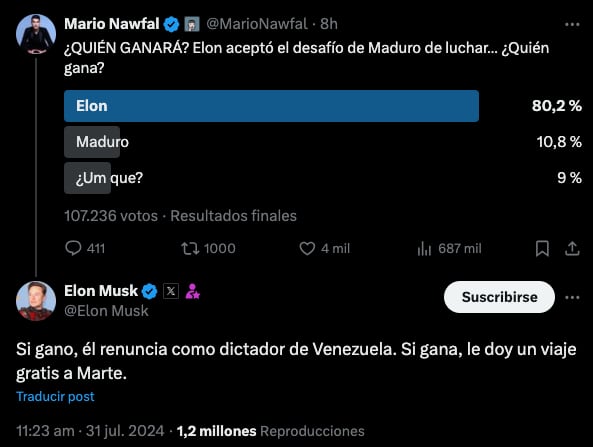 Los premios que Elon Musk propuso a Nicolás Maduro para el ganador de su pelea