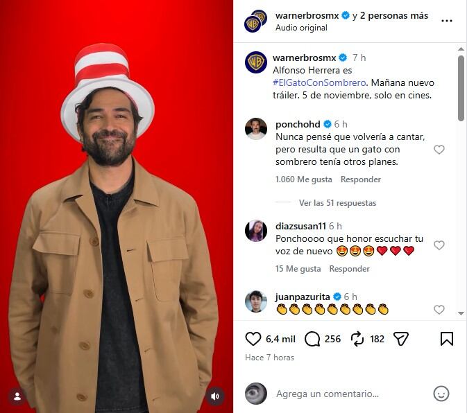 Alfonso Herrera será la voz de El Gato con Sombrero y volverá a cantar