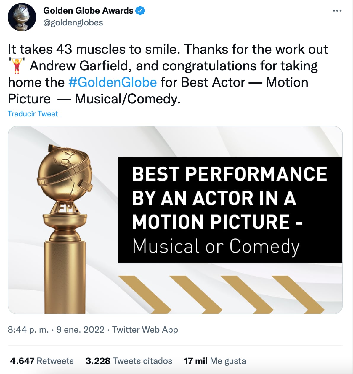 Andrew Garfield gana el Globo de Oro a Mejor Actor