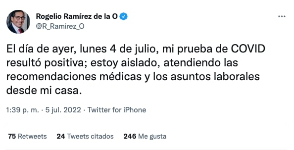 Rogelio Ramírez de la O, secretario de Hacienda y Crédito Público, da positivo a Covid-19