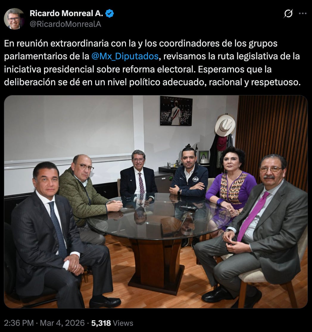 Monreal se reúne con grupos parlamentarios por reforma electoral