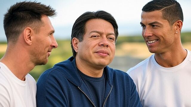Mario Delgado con Messi, Cristiano Ronaldo y Ronaldinho