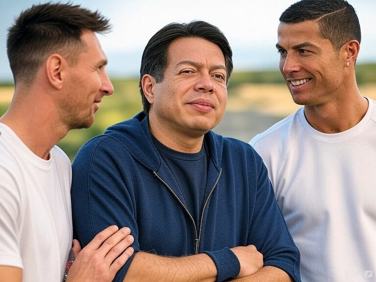 Mario Delgado con Messi, Cristiano Ronaldo y Ronaldinho