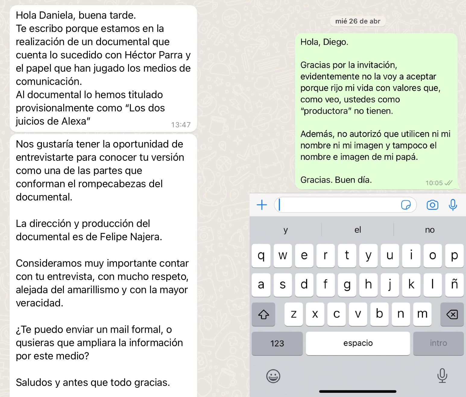 Daniela Parra rechaza participar en el documental de Daniela Parra