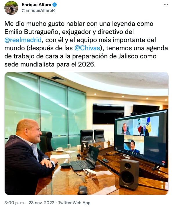 Tuit de Enrique Alfaro sobre plática con Emilio Butrageño