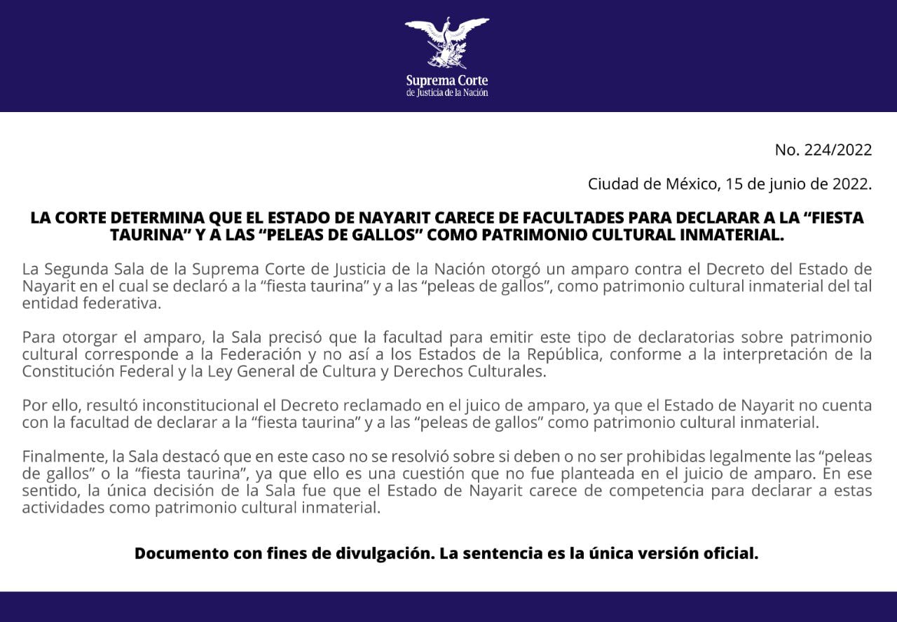 Corridas de toros y peleas de gallos no pueden ser consideradas patrimonio cultural inmaterial en Nayarit