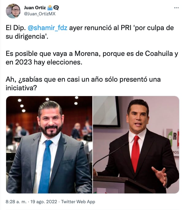 Shamir Fernández renuncia al PRI/ @Juan_OrtizMX
