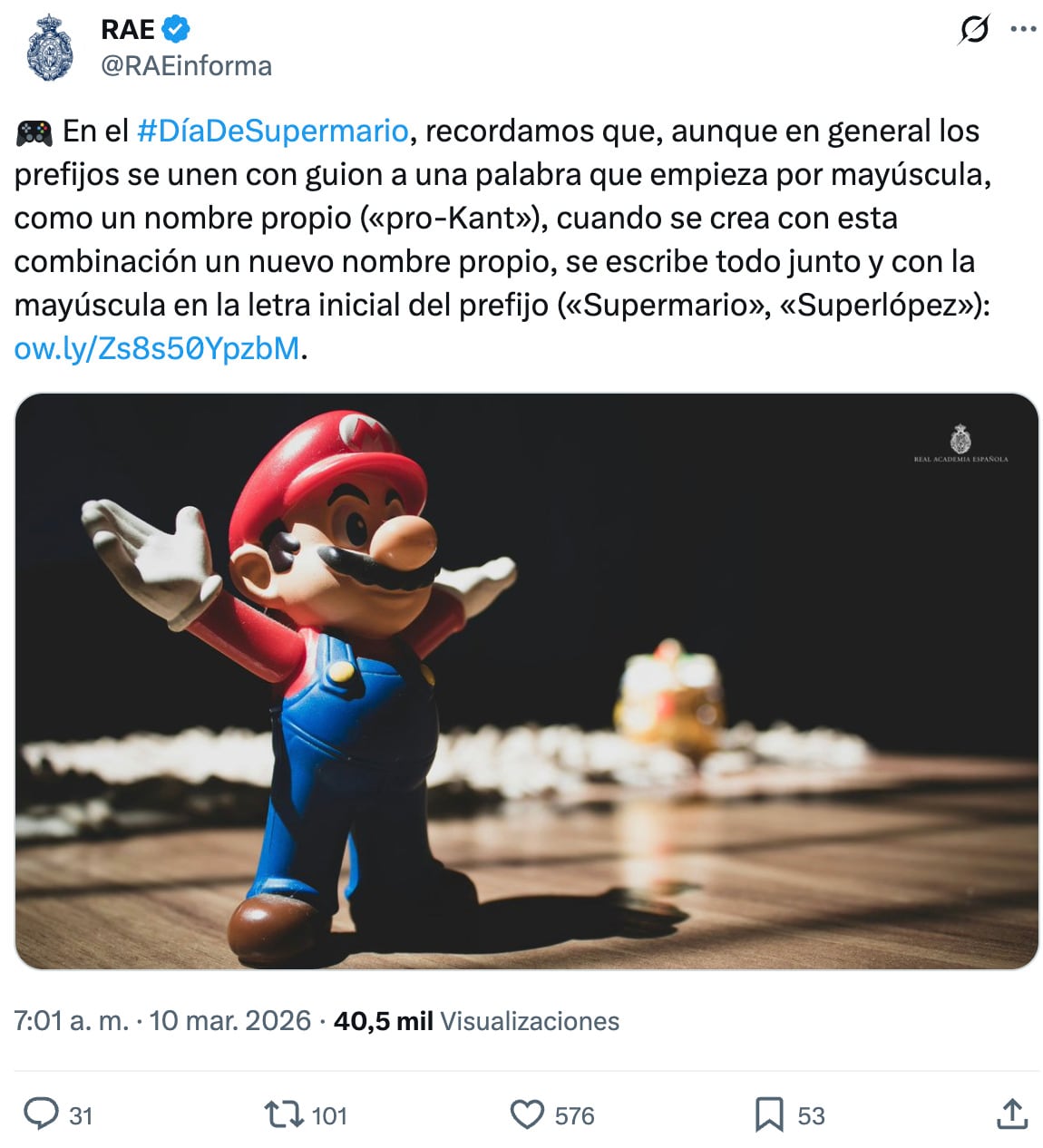 RAE provoca debate por el nombre de Mario Bros. y como usar los prefijos