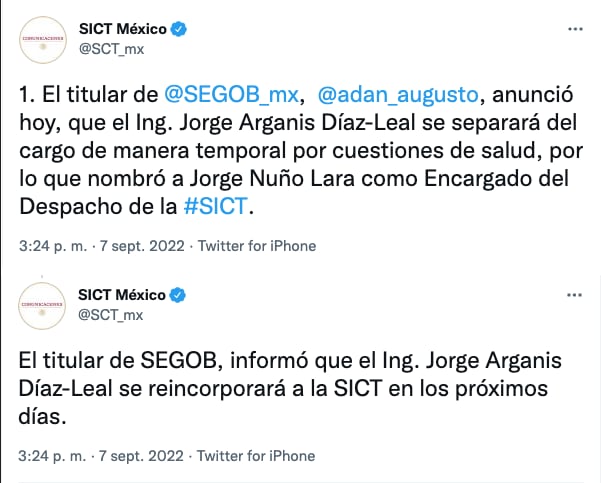 SICT informa salida temporal de Jorge Arganis