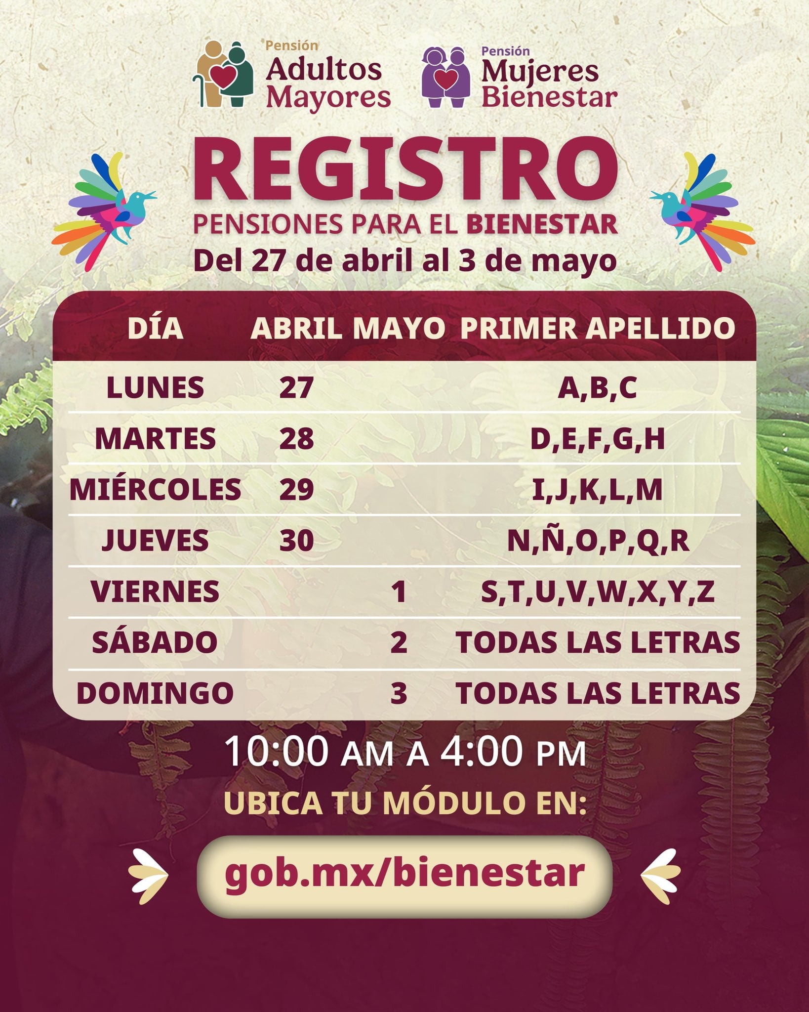 Calendario de registro para Pensión Bienestar Adultos Mayores