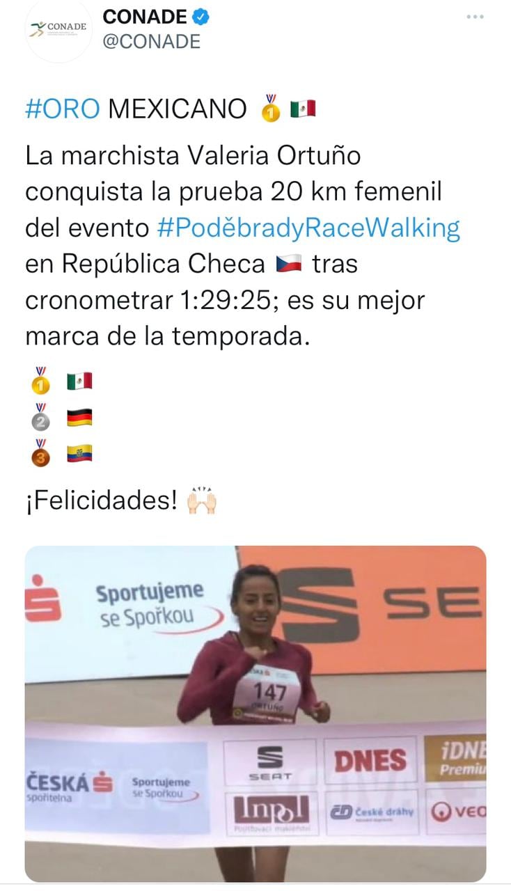 La CONADE destacó el resultado de la atleta mexicana, Valeria Ortuño, en el World Tour de Marcha 2022